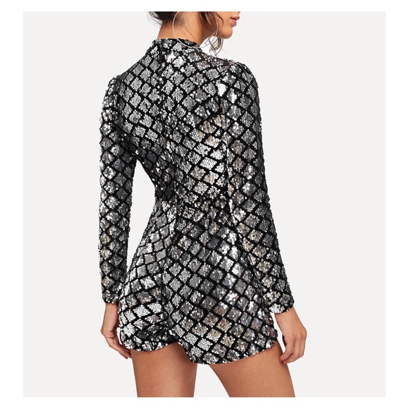 Black Silver Long Sleeve Geometric Sequin Romper - Picture 2 of 5